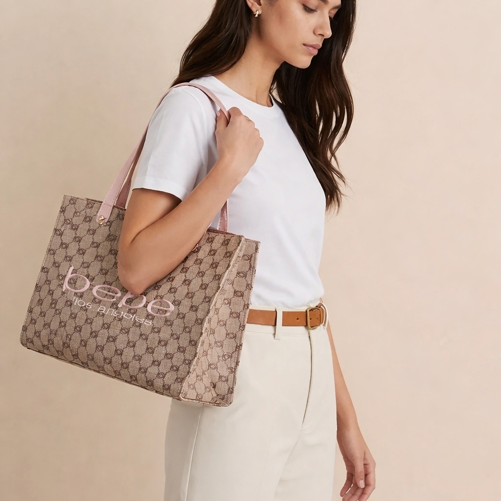 Bebe Patterned Tan Tote Bag